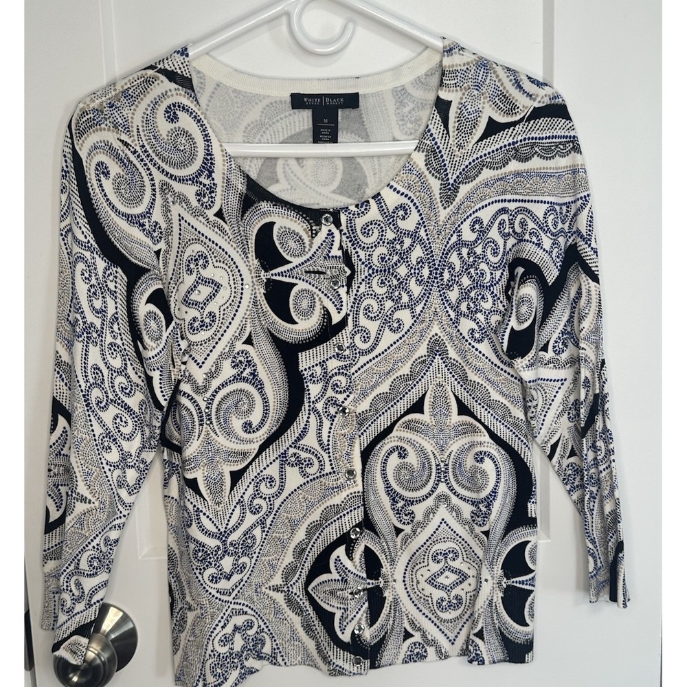 White House Black Market Embellished Cardigan Paisley‎ Print 3/4 Sleeve Size M